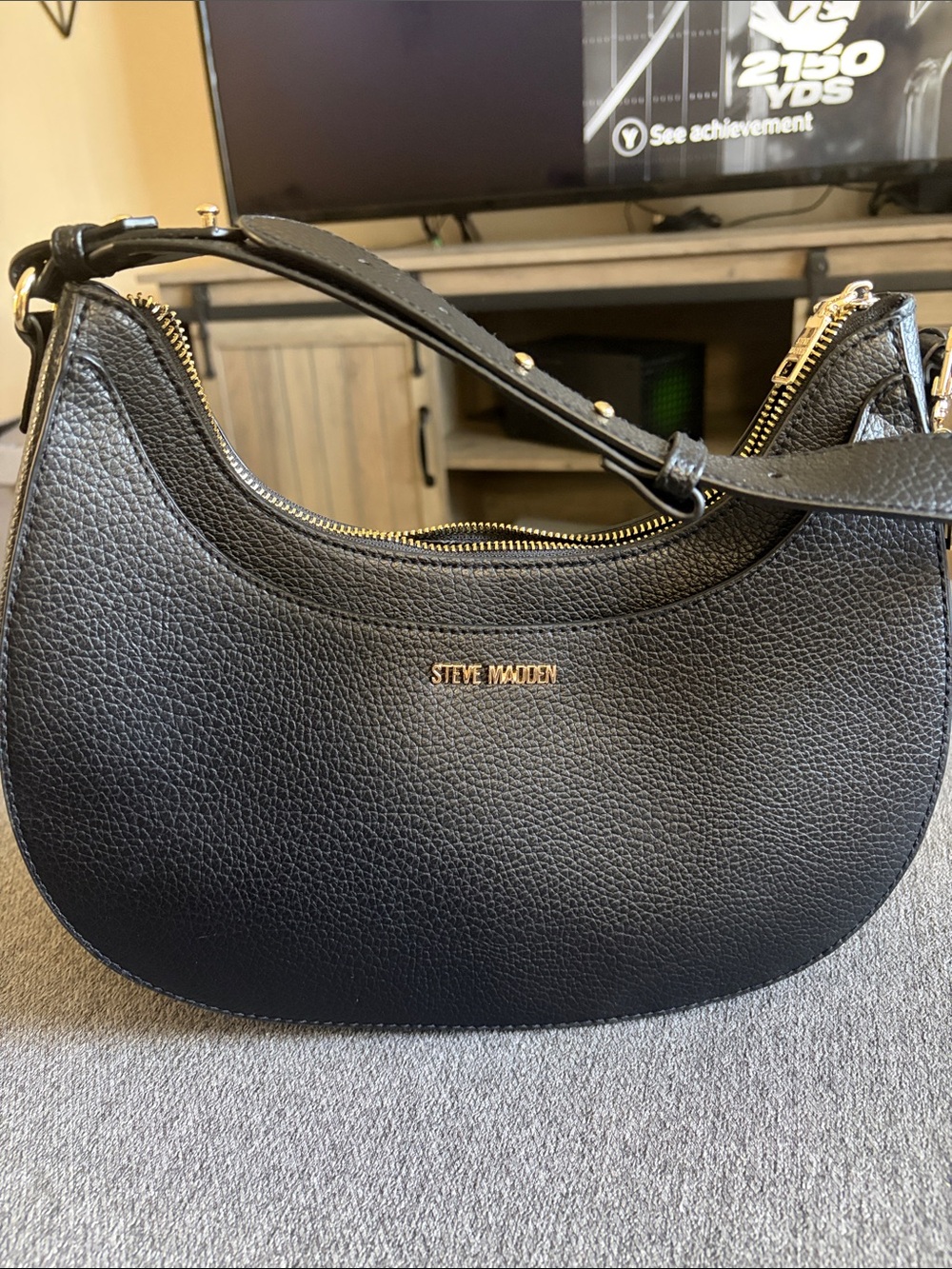 Steve Madden Black Pebbled Crescent Shoulder Bag with Gold Hardware